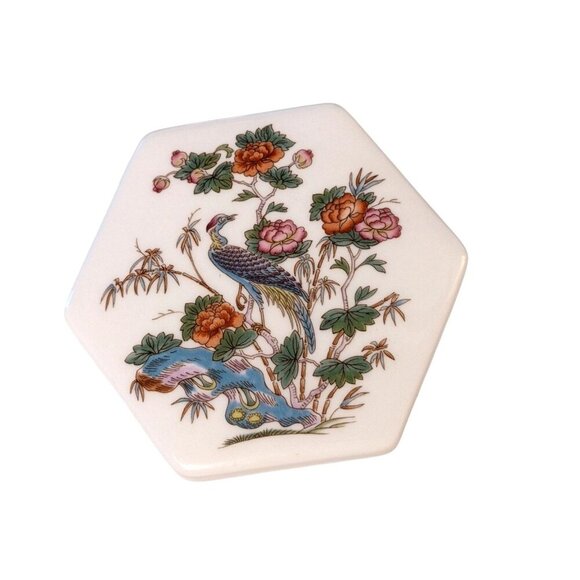 Wedgwood 1971 Trinket Box Kutani Crane Floral Hexagon Lidded 3 Inches Bone China - Picture 1 of 5